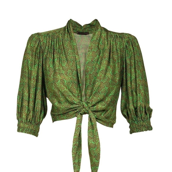 NWT ViX By Paula Hermany Namaste Mel Tie Crop Blouse in Green Multi, Size Large - Picture 9 of 10